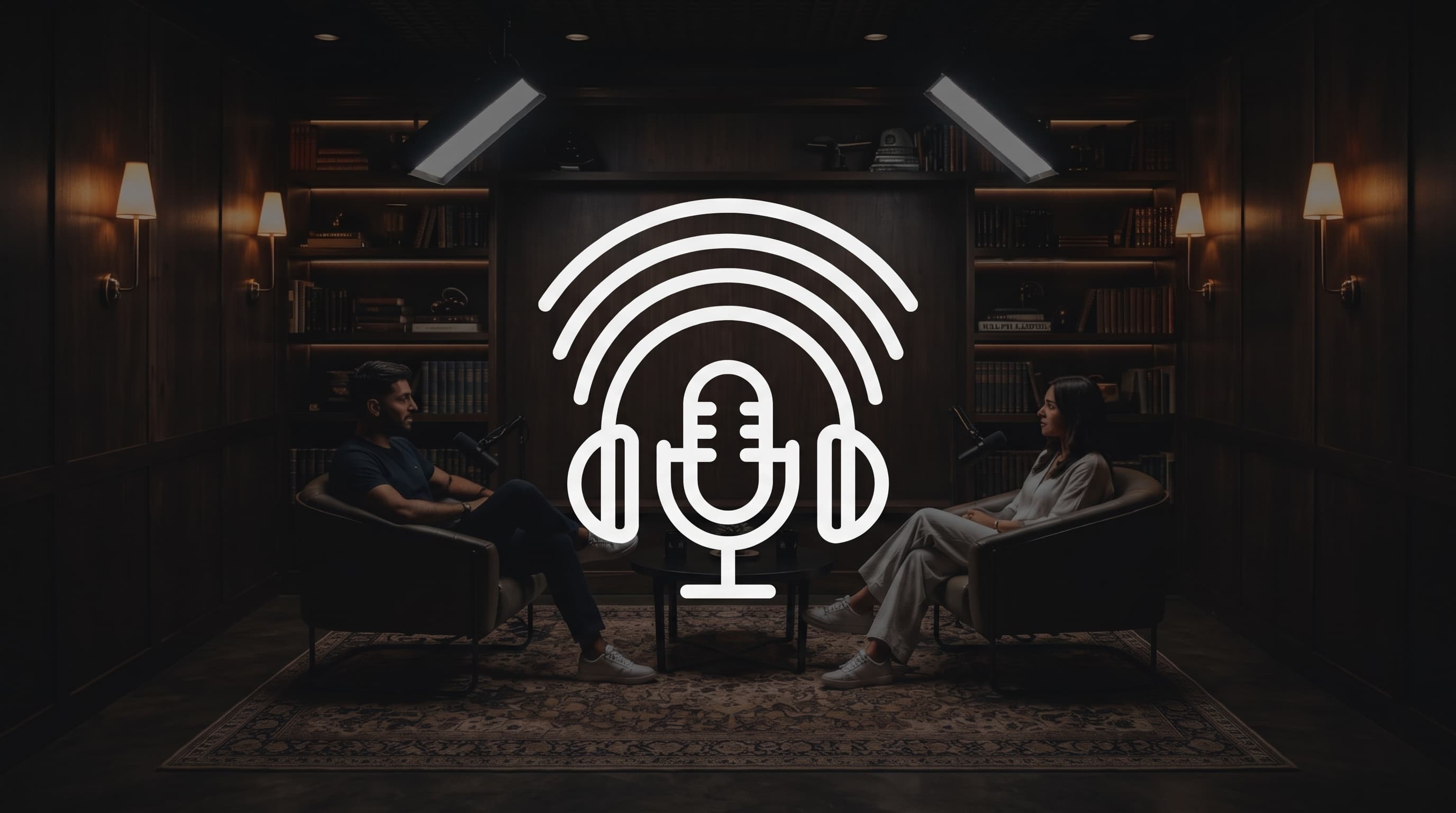 Estudio de grabación de podcast con dos invitados frente a un micrófono